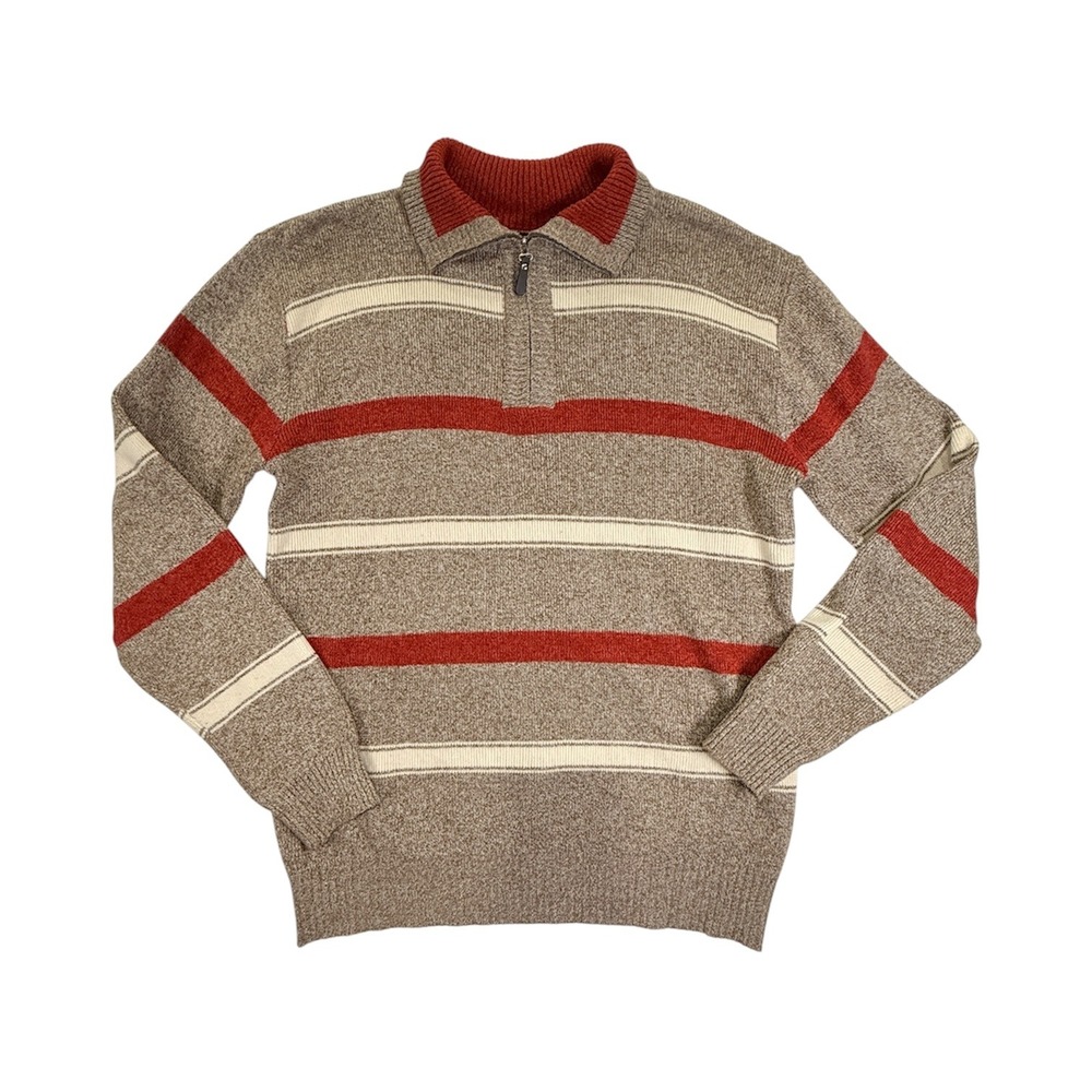 The Image Quarter Zip Sweater Mens Large Taupe Tan Orange Striped Pullover
